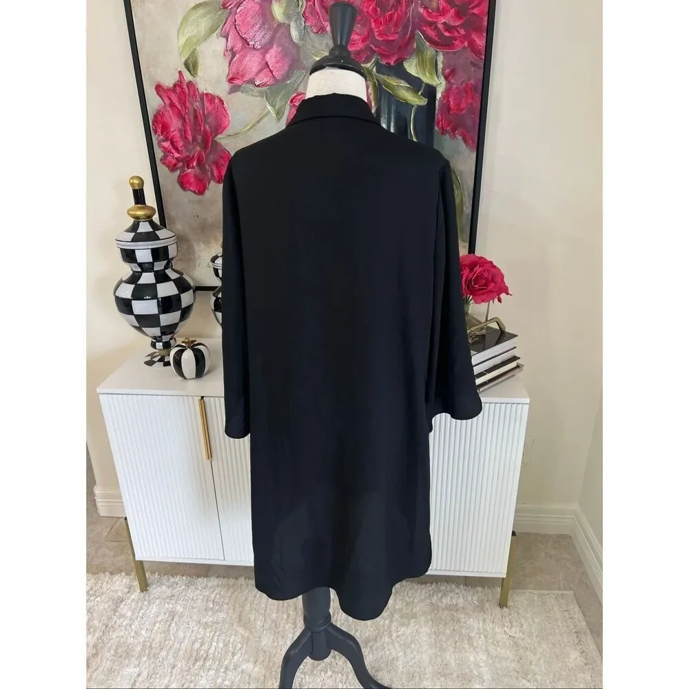 H by Halston Women's Bell Sleeve Sheer Hidden Button Shirt Dress Black Sz Medium